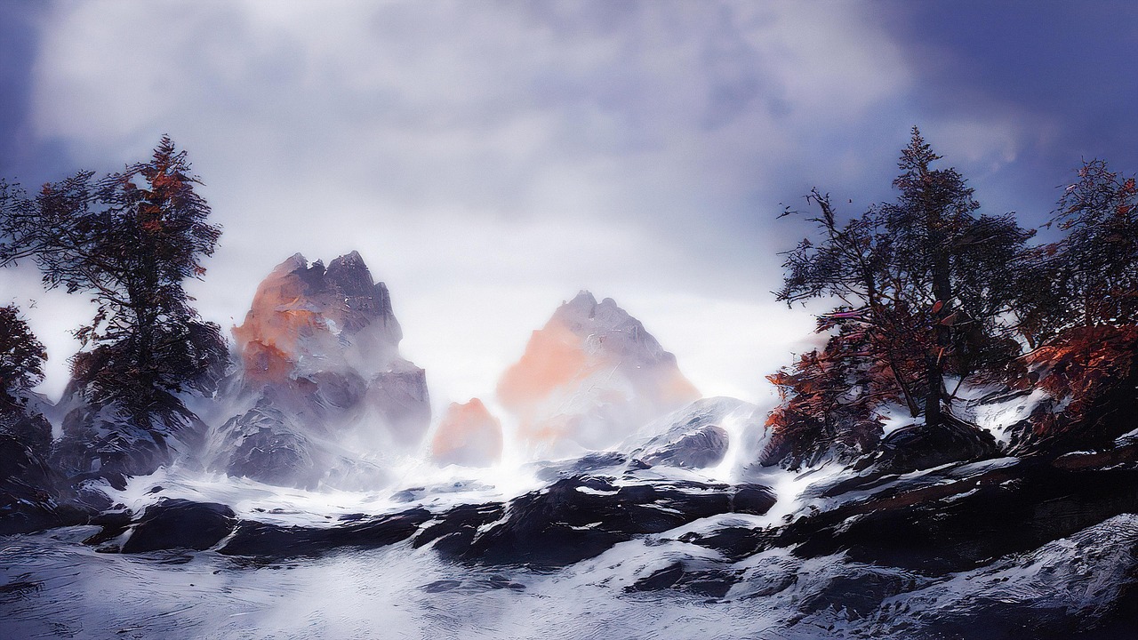nature, art, painting, snow, trees, winter, mountain, landscape